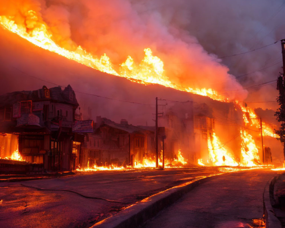 Intense night fire engulfs buildings with raging flames