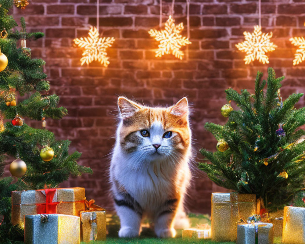 Fluffy cat with wrapped gifts by Christmas trees and star-shaped lights