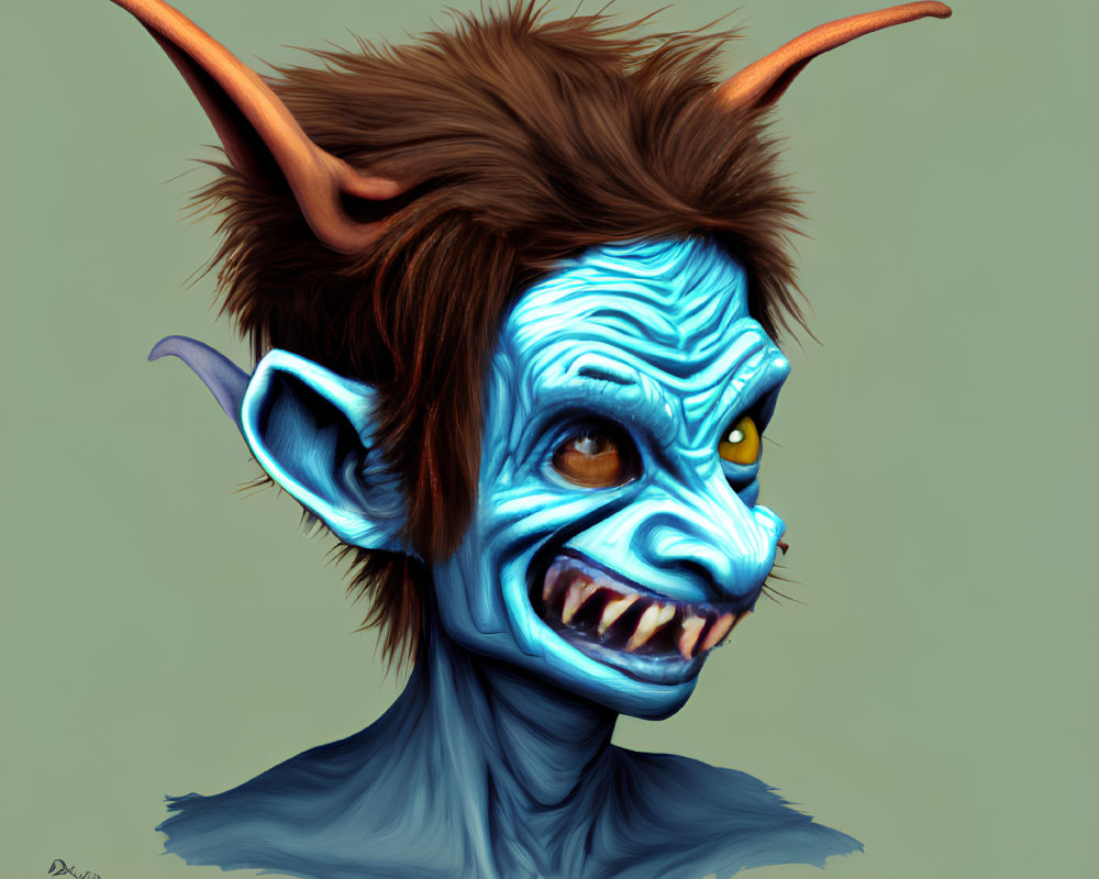 Fantasy creature with blue skin, pointed ears, yellow eyes, brown hair, and horns.