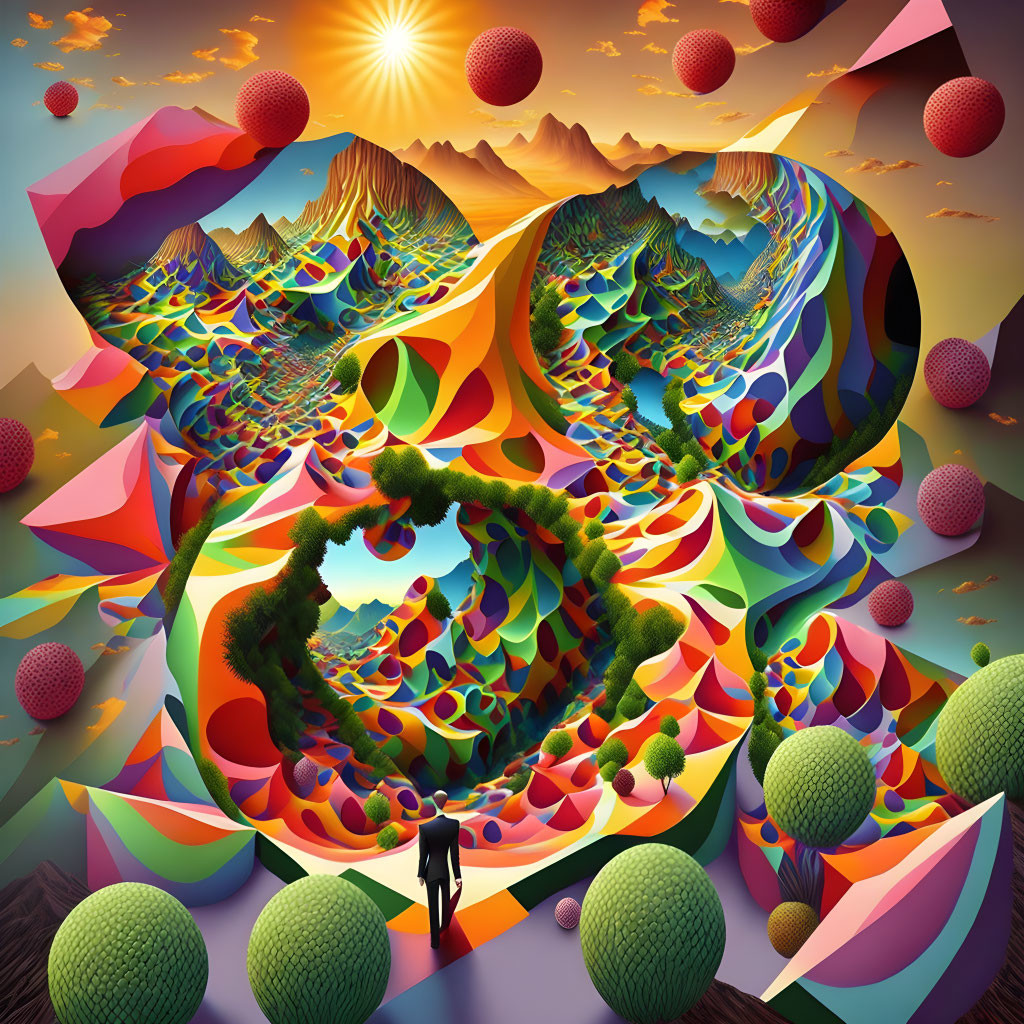 Colorful Psychedelic Landscape with Rolling Hills and Solitary Figure