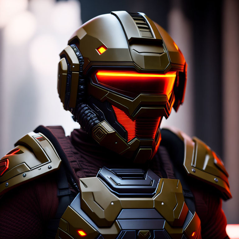 Futuristic armor with glowing red visor and intricate designs