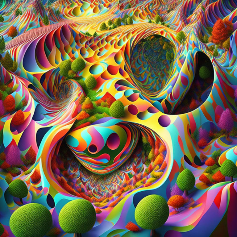 Colorful psychedelic digital artwork with swirling patterns and abstract shapes