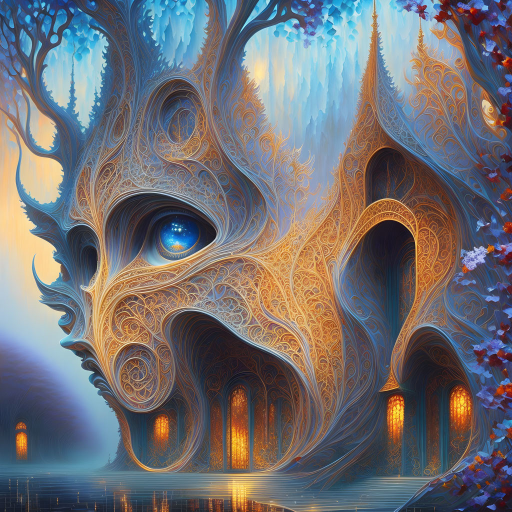 Intricate patterned tree with serene eye in mystical setting