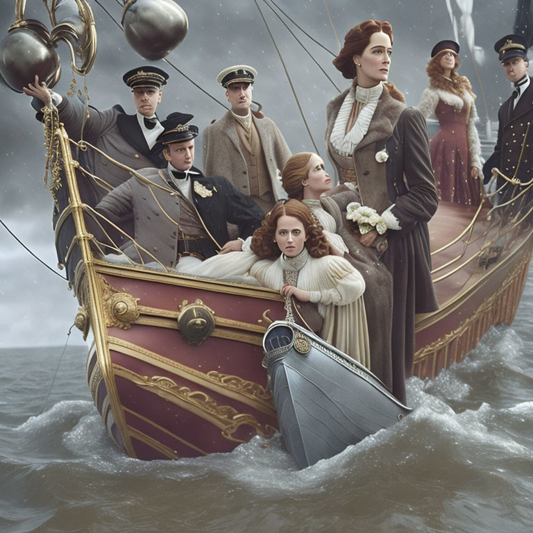 Vintage Attired Group on Ornate Lifeboat in Turbulent Seas