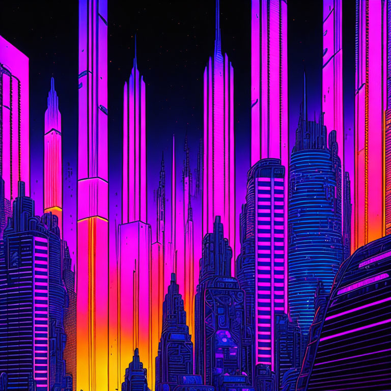 Vibrant neon-lit cyberpunk cityscape with towering skyscrapers