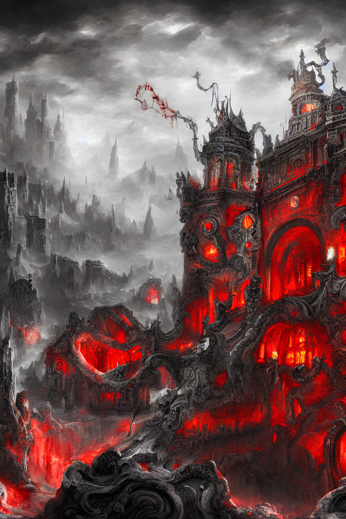 Gothic landscape with towering spires and red glowing windows