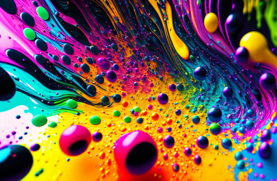 Colorful paint splashes on black background: Abstract composition with dynamic energy