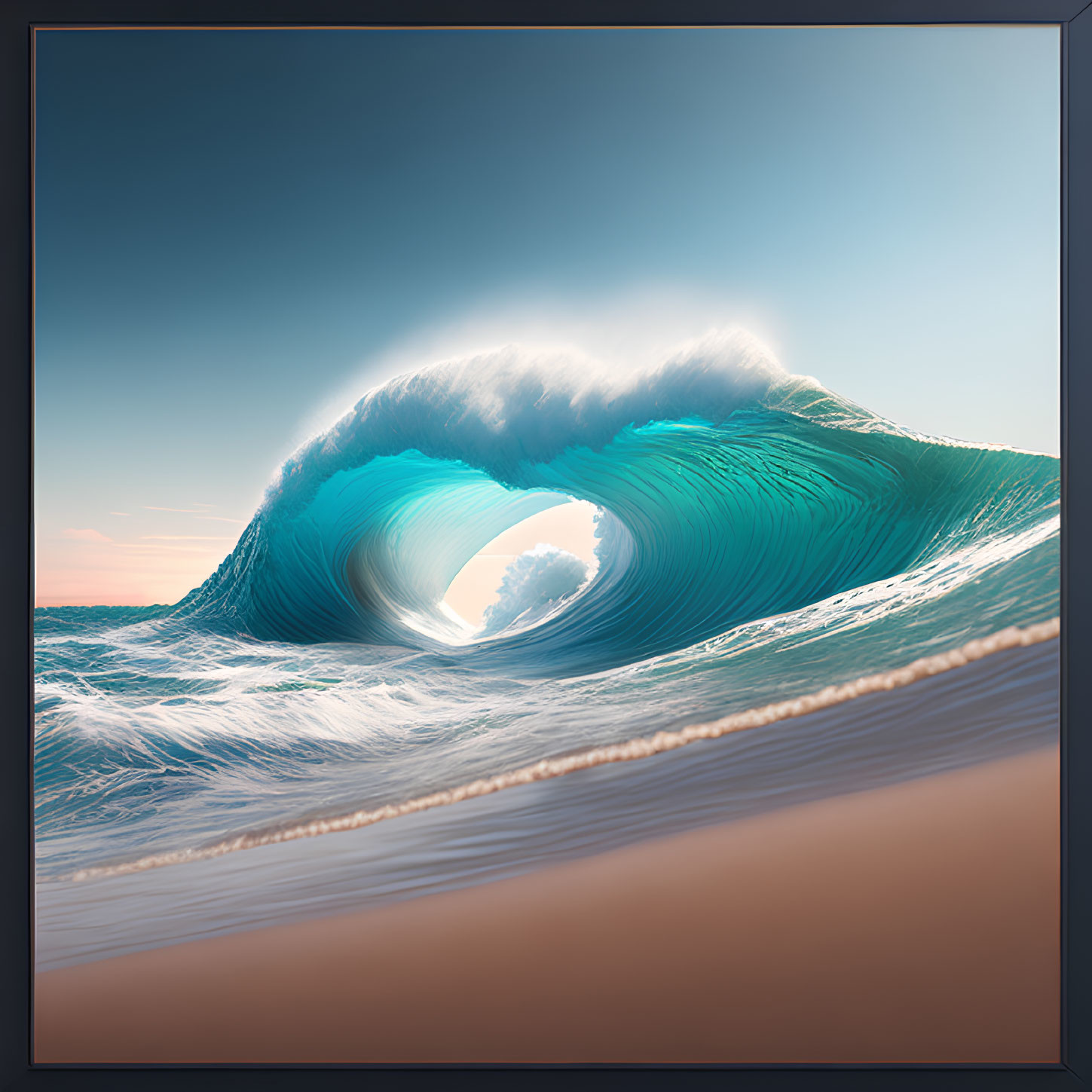 Aqua Blue Wave Curling Against Sunset Sky on Sandy Beach