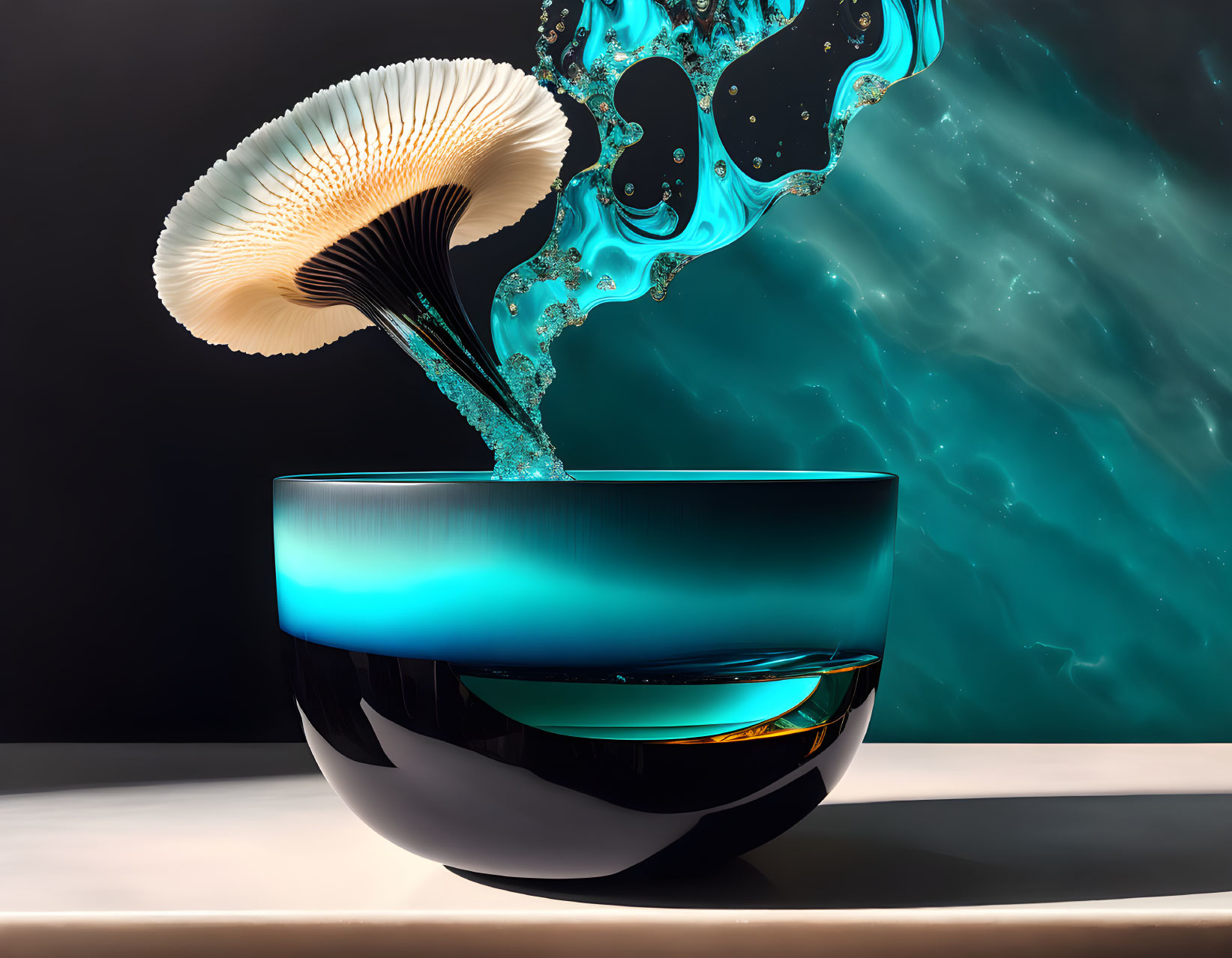 Surreal liquid splash bowl with mushroom shape on swirling dark background