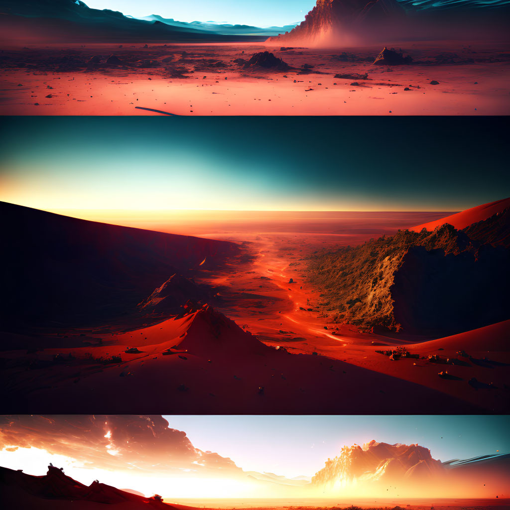 Triptych of Martian Landscapes: Red Sands, Dark Mountains, Gradient Sky