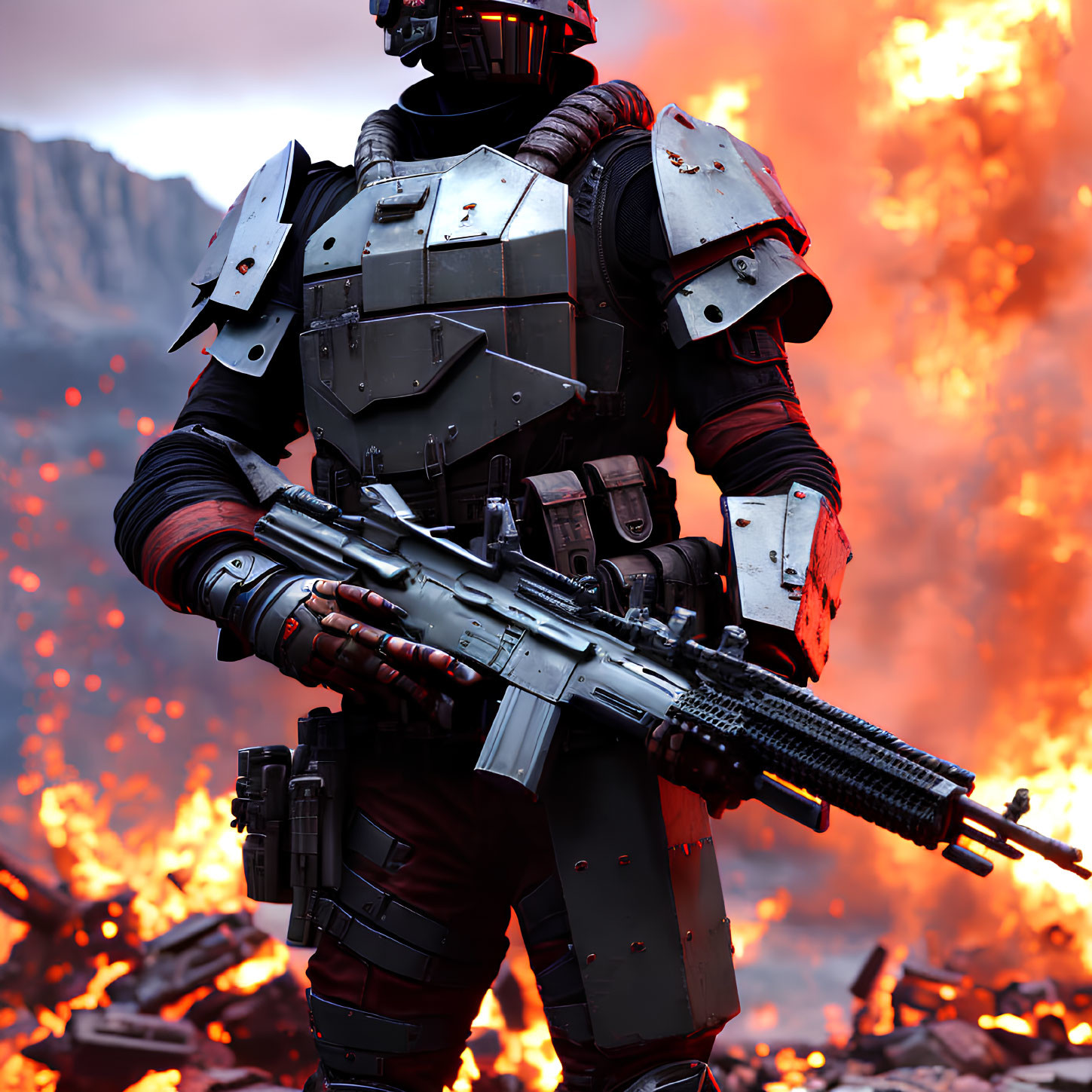 Futuristic armored person with rifle in fiery explosion backdrop