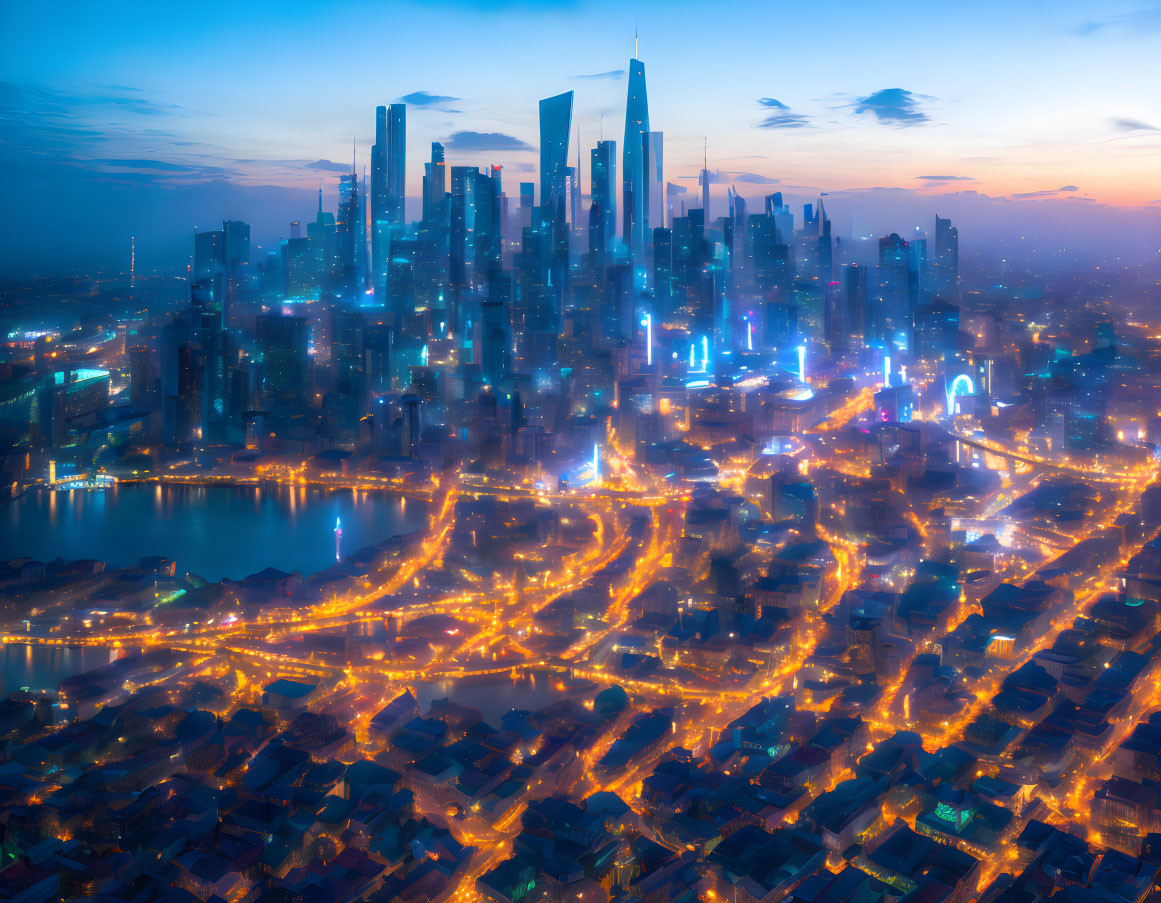 Modern city skyline at twilight with glowing lights and skyscrapers against gradient sky