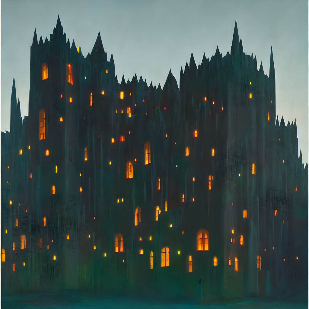 Gothic-style palace painting with lit windows against twilight sky