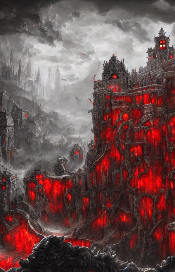 Gothic structures in lava-filled chasm under gloomy sky