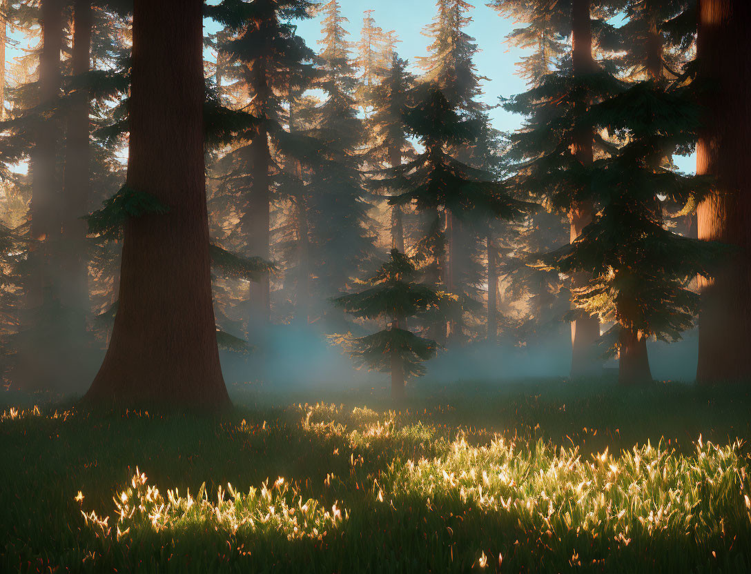 Dense Forest with Sunlight Filtering Through Trees