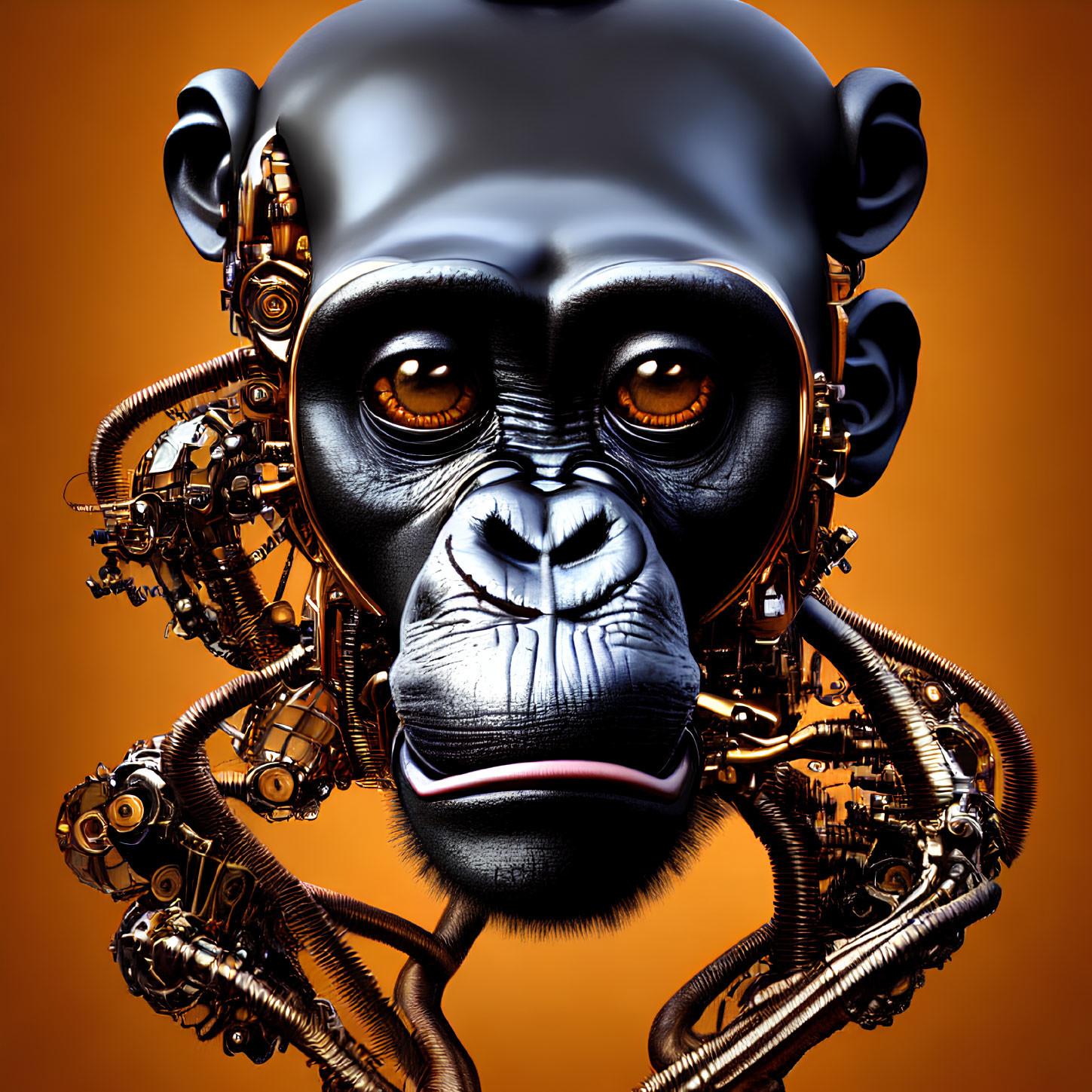 Detailed 3D Illustration: Cybernetic Chimpanzee with Mechanical Components on Orange Background