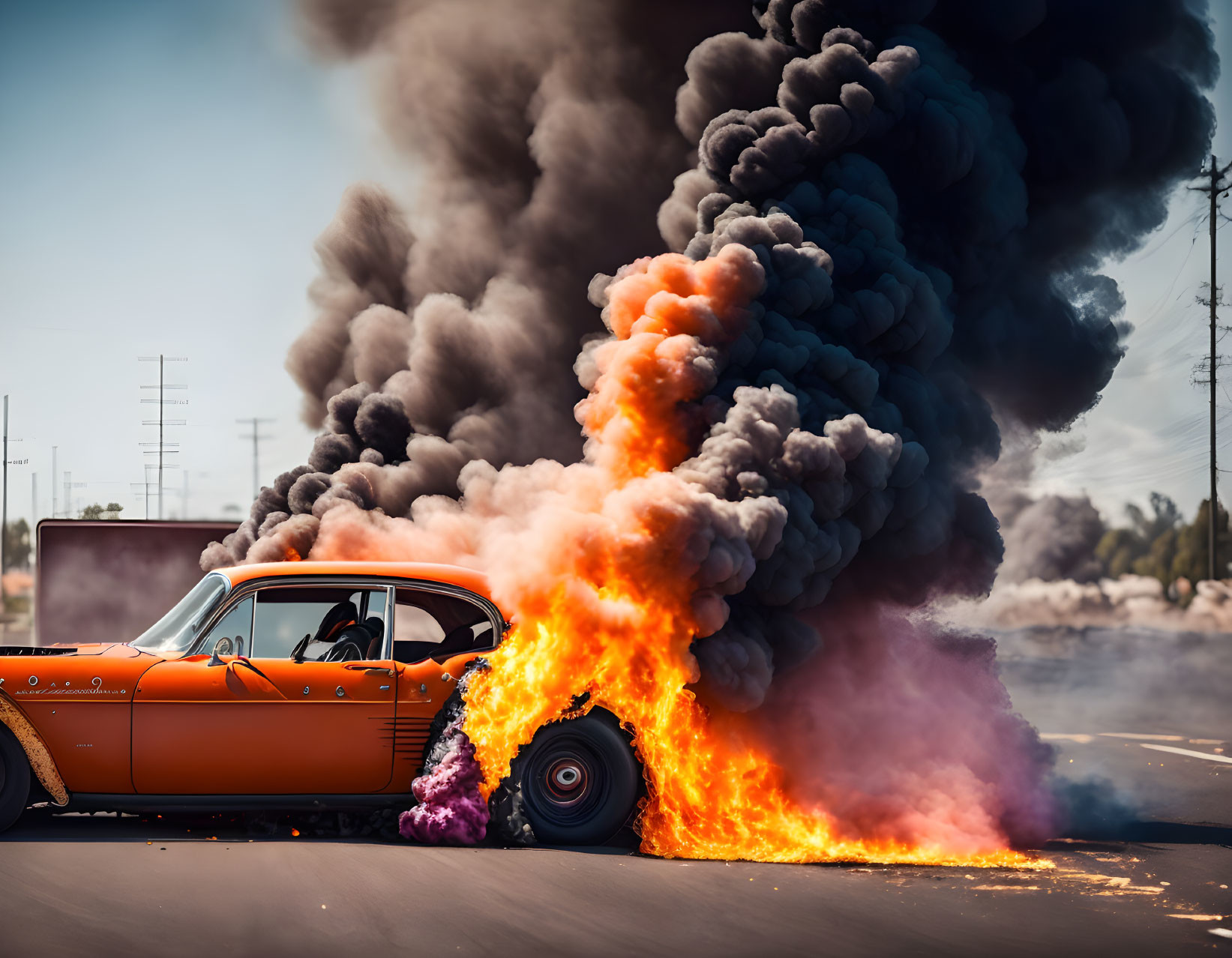 Orange car with front tire on fire emits smoke on deserted road