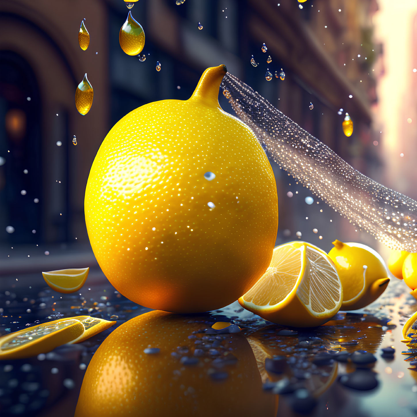 Bright lemon with water droplets on reflective surface, surrounded by slices and peel, warm blurred background