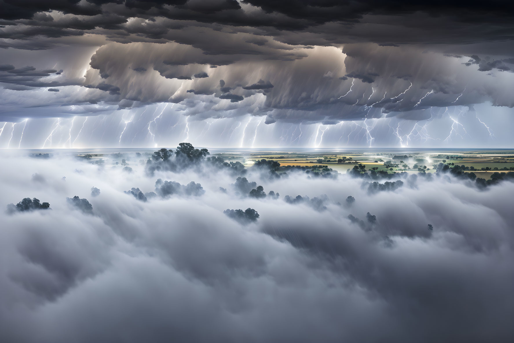 Multiple lightning strikes in dramatic storm scene above mist-covered landscape