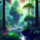 Lush Jungle Scene with Towering Trees and Tranquil Stream