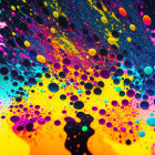 Colorful paint splashes on black background: Abstract composition with dynamic energy