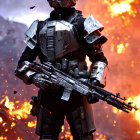 Futuristic armored person with rifle in fiery explosion backdrop