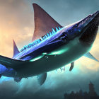 CGI megalodon shark with open mouth and sharp teeth swimming underwater.