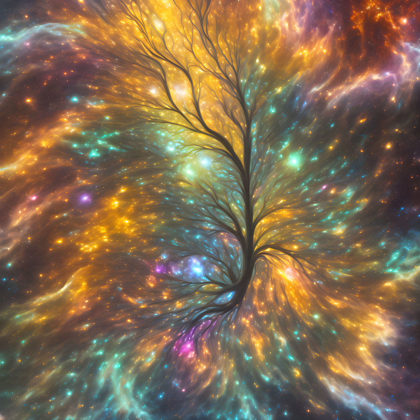 Colorful digital artwork: Cosmic tree in starry nebula setting