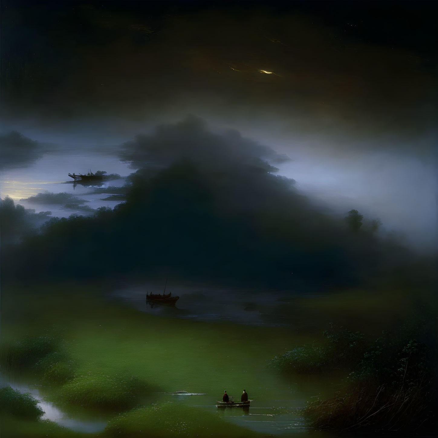 Nocturnal landscape with boats on misty river