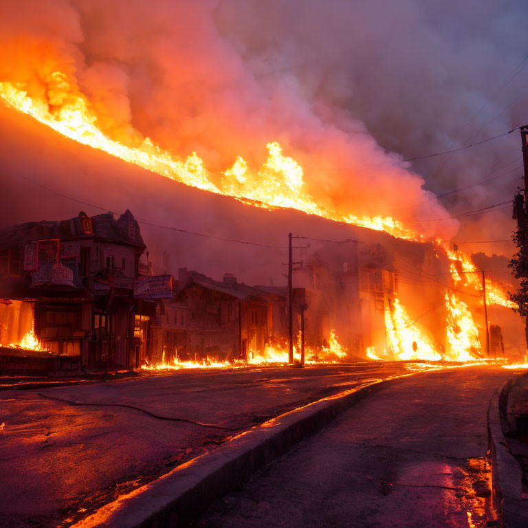 Intense night fire engulfs buildings with raging flames