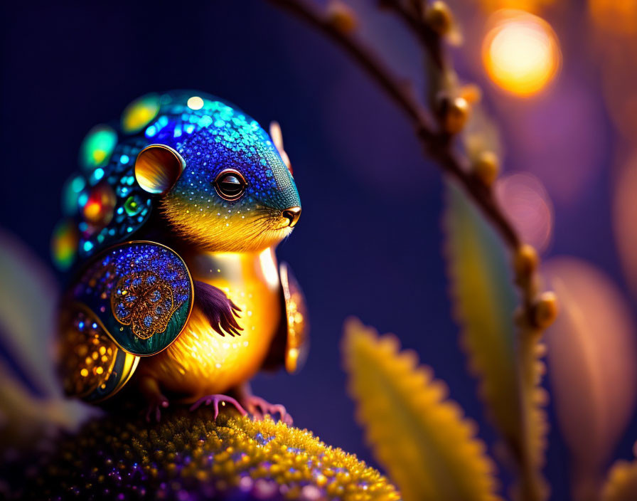 Colorful jeweled squirrel figurine on dark blue background with soft lighting and flora.