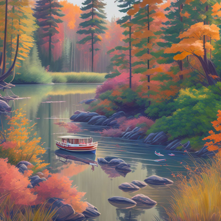 Tranquil river scene with colorful autumn foliage and a small boat