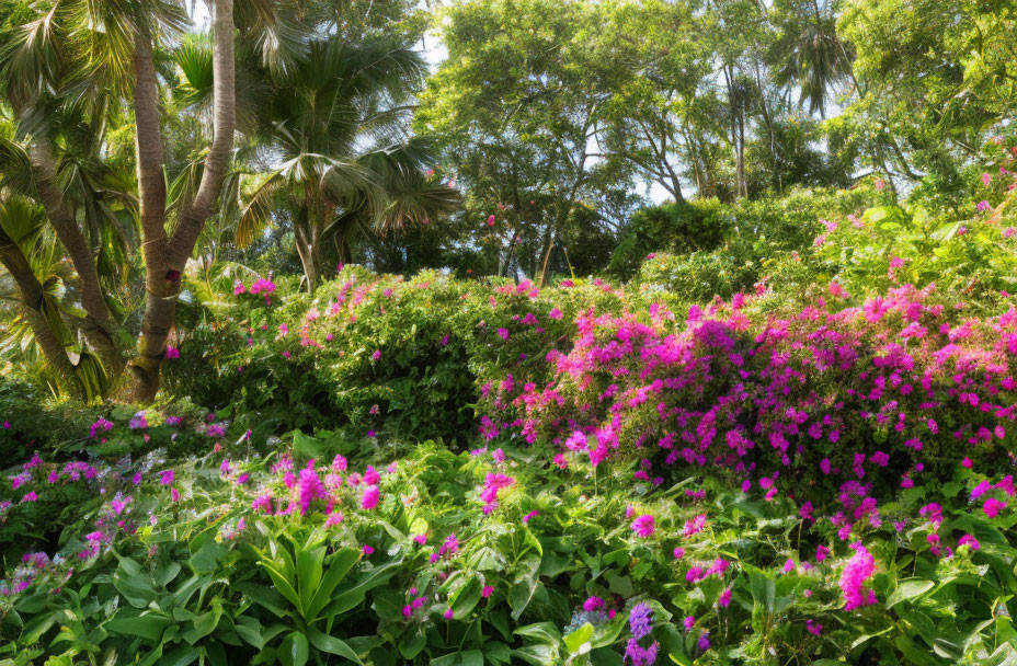 Vibrant Pink Flowers and Palm Trees in a Lush Garden