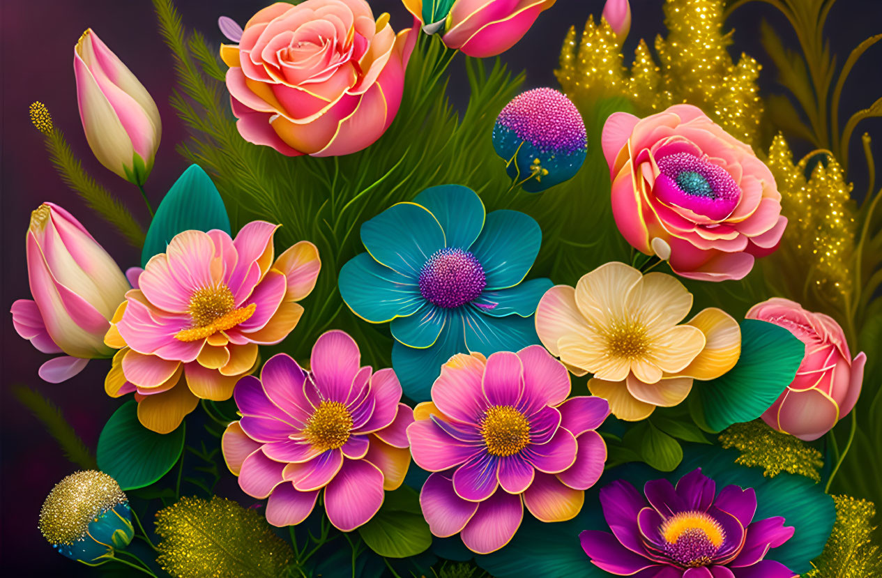 Assorted flowers in bloom with rich colors on dark background