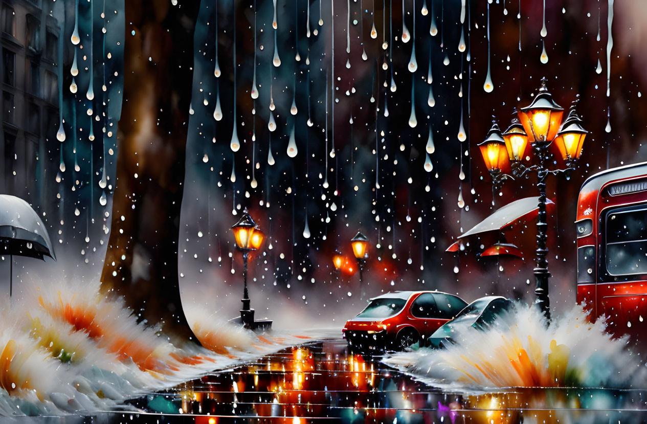 Colorful urban street scene with red bus, cars, street lamps, and snow-covered sidewalks.