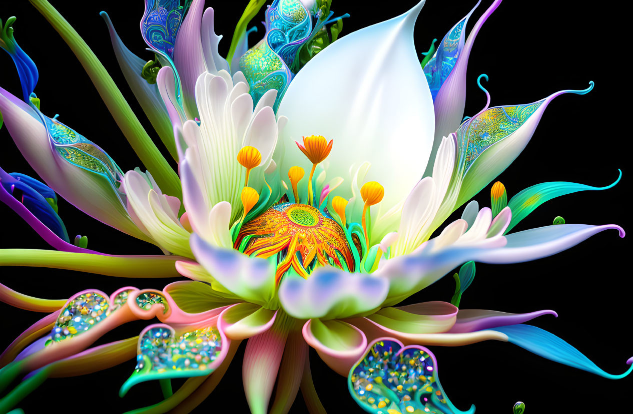 Colorful stylized flower artwork with luminous petals and glowing center on black background