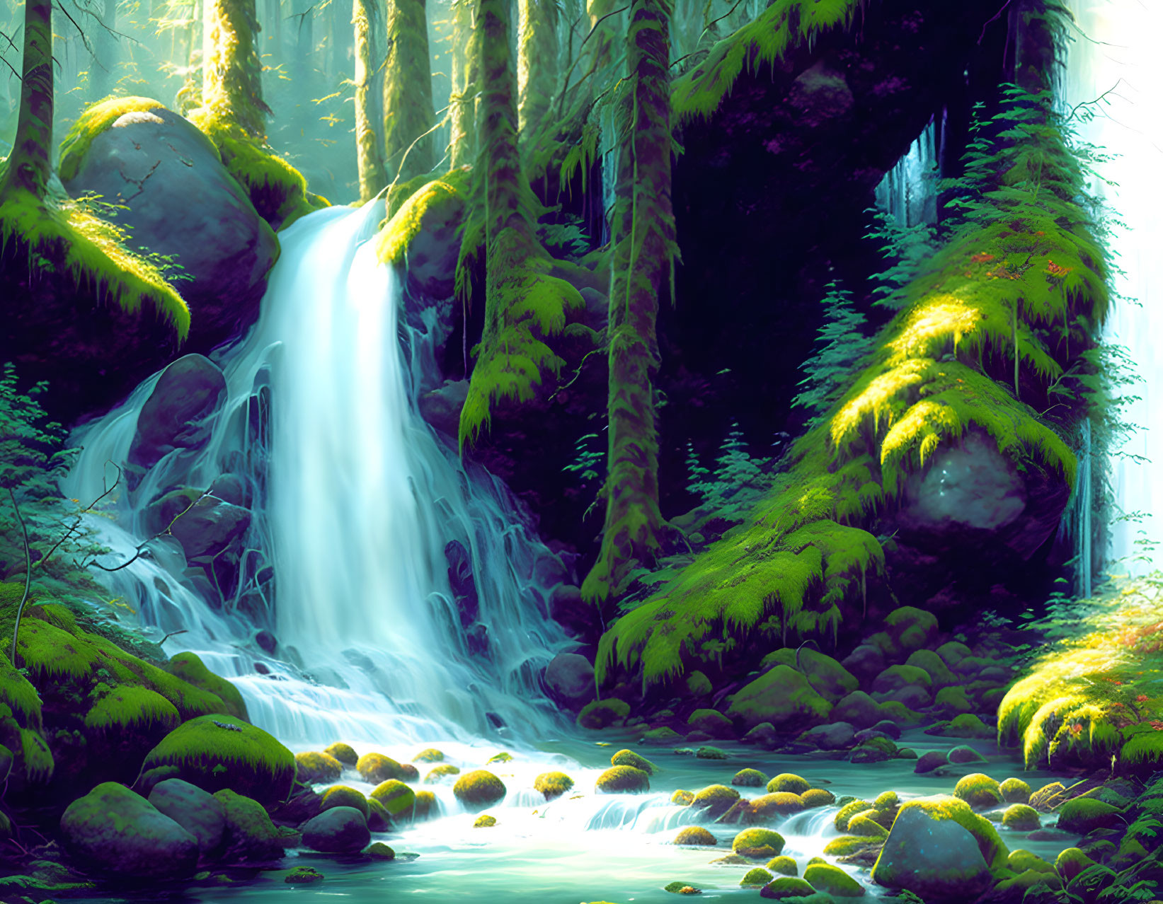 Tranquil waterfall in vibrant forest with lush greenery