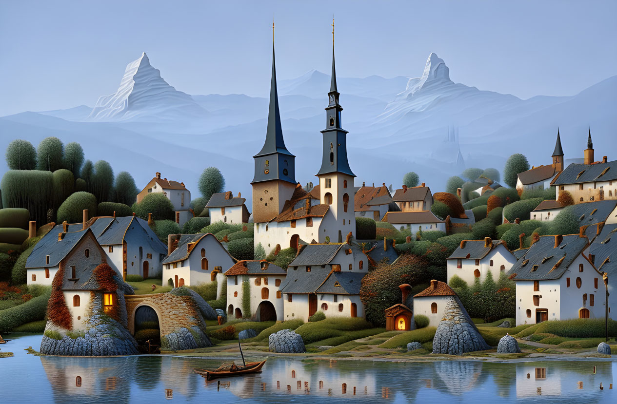 Scenic village with cottages, church, boat, mountains, and river