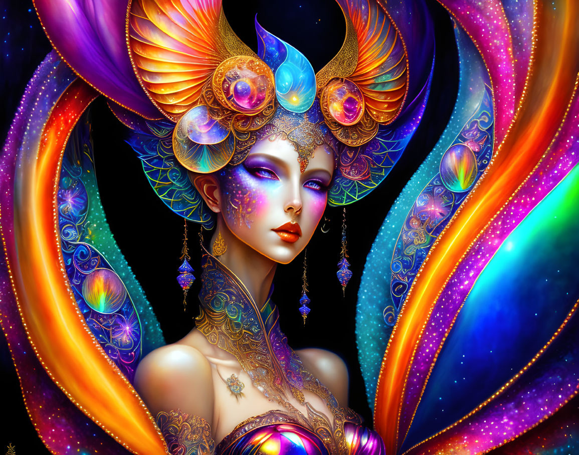 Vibrant digital artwork: stylized woman with exotic makeup & ornate headdress