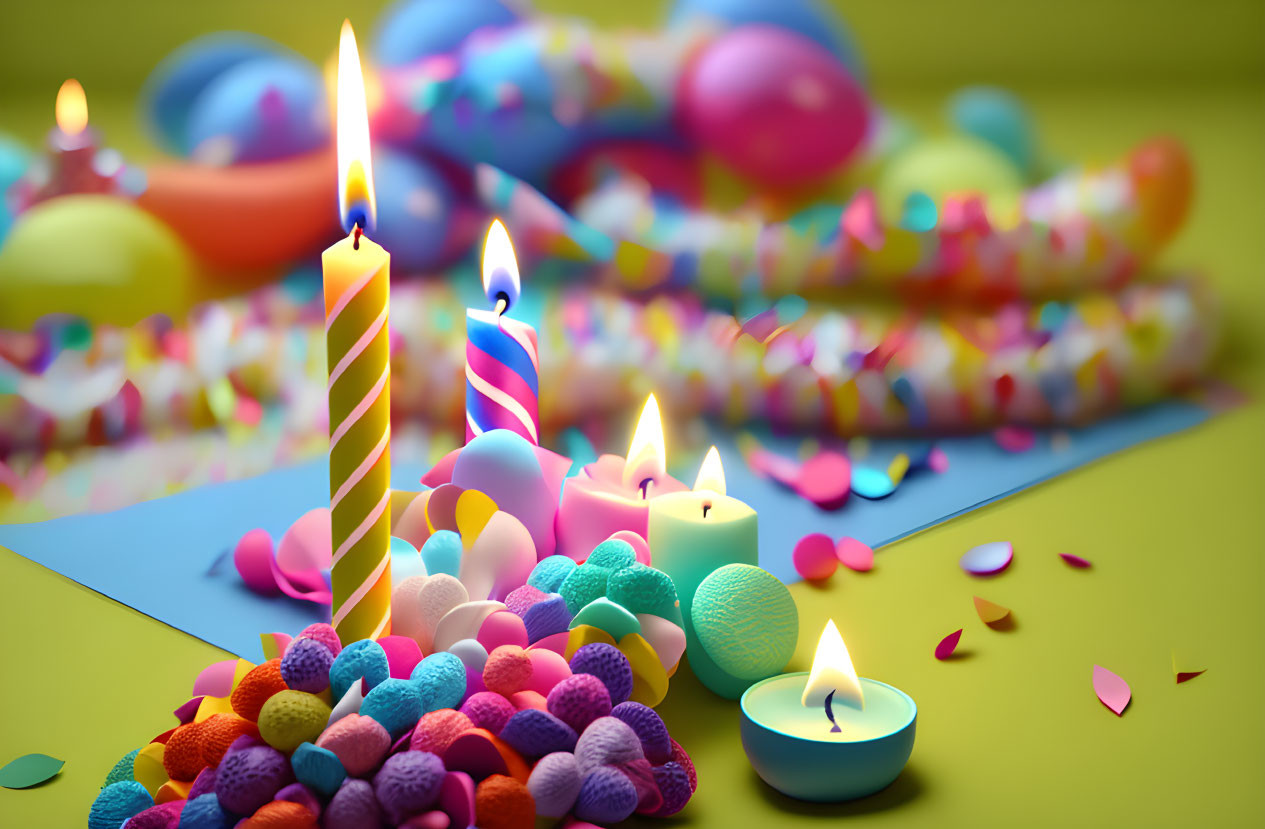 Colorful birthday candles among vibrant party decorations with balloons, confetti, and garlands.