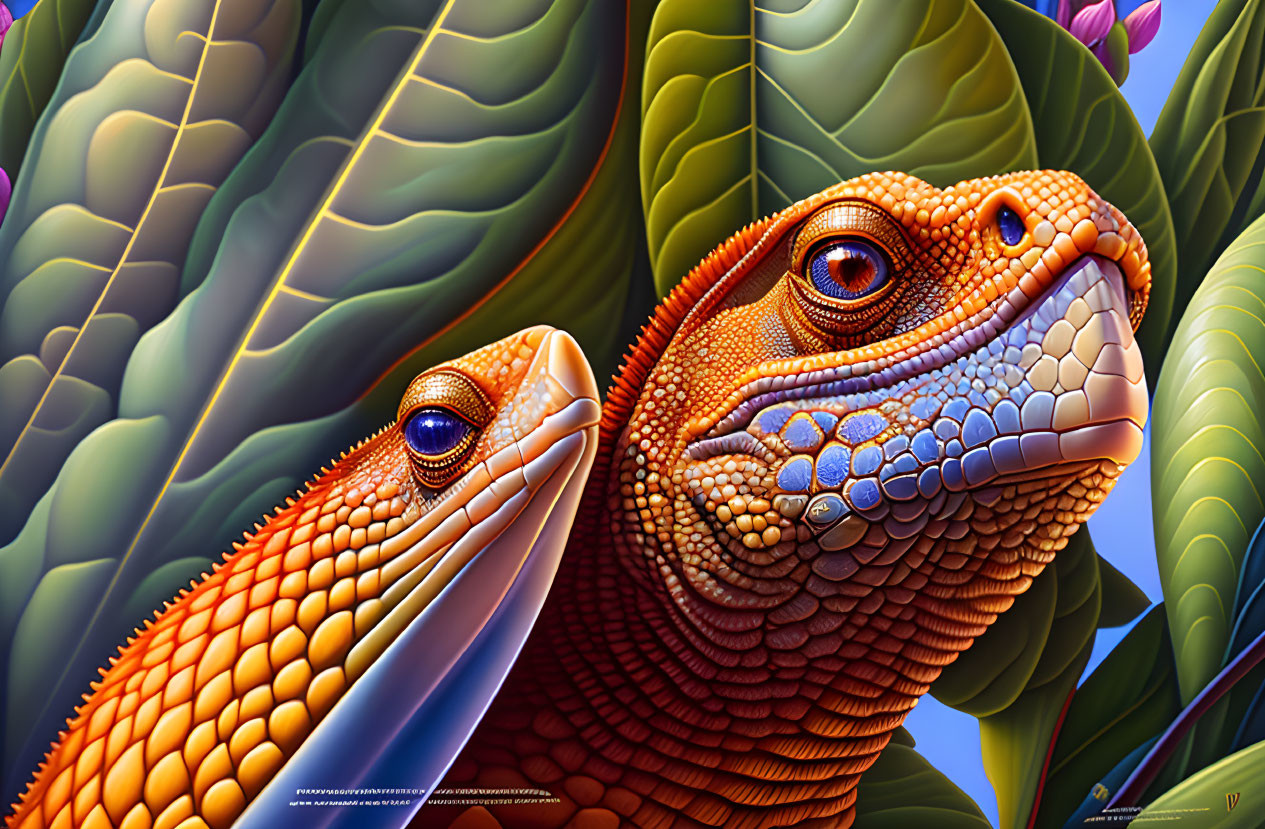 Vibrant chameleons in lush green foliage