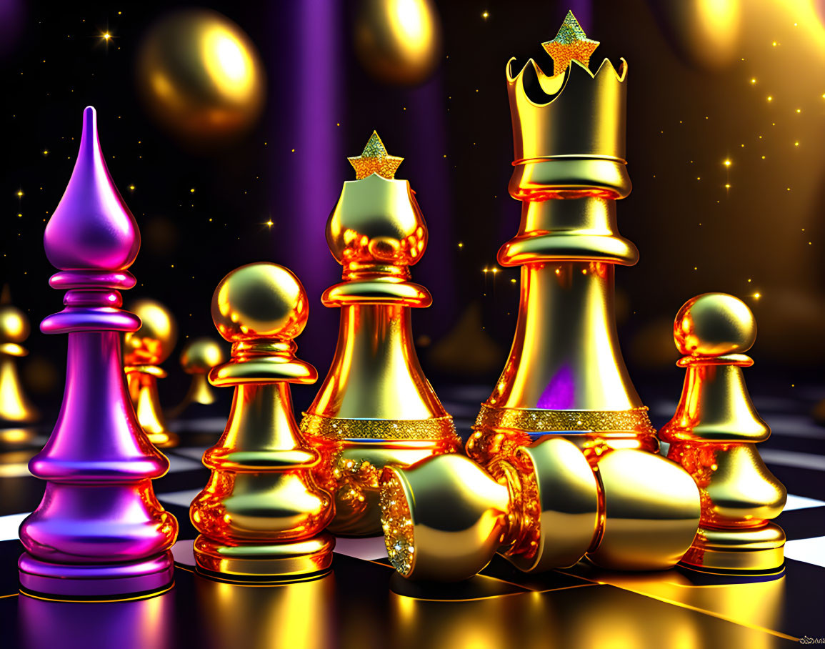 Colorful Chess Pieces Illustration with Golden King and Pawns