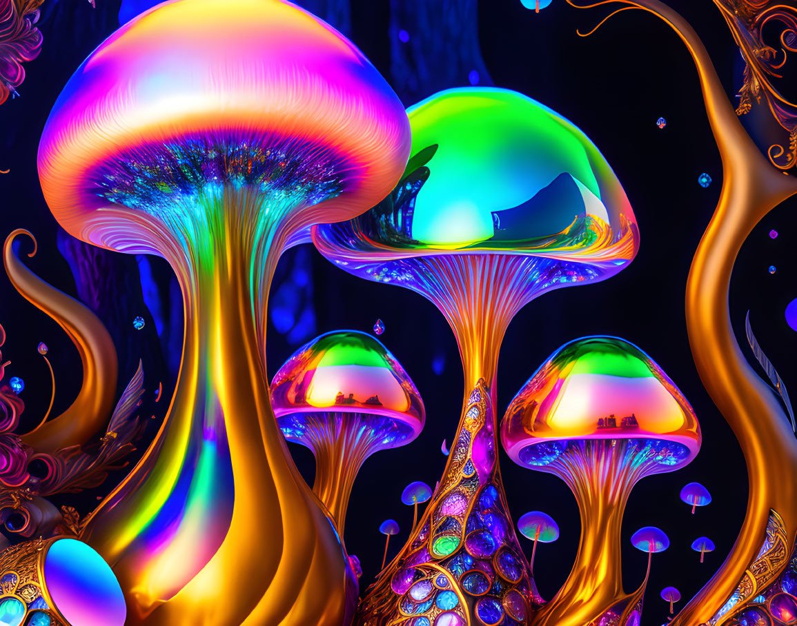 Colorful Digital Art: Luminescent Mushroom Structures in Gold and Blue