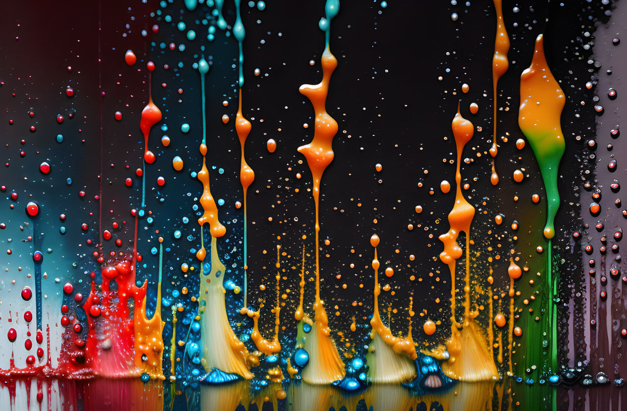 Vibrant liquid droplets in mid-air on dark background