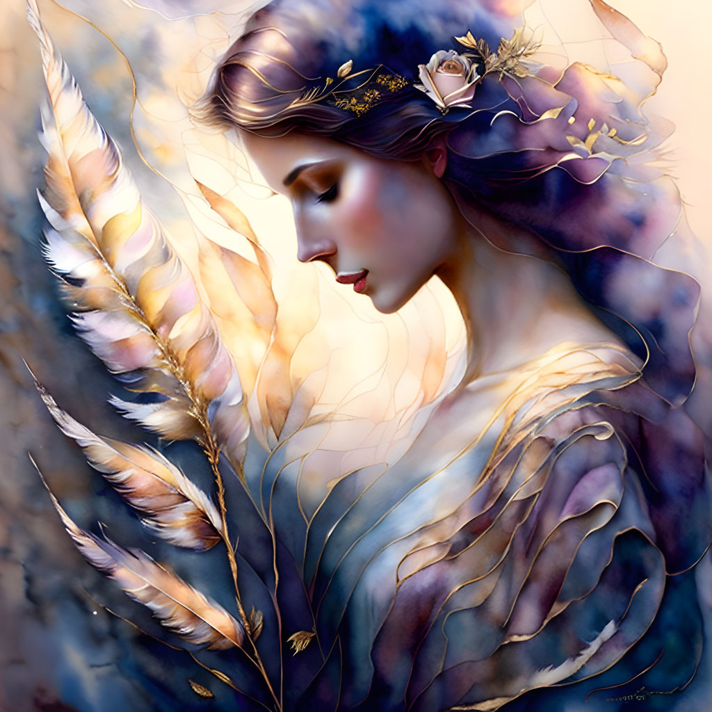 Ethereal woman with fairytale features and floral adornments