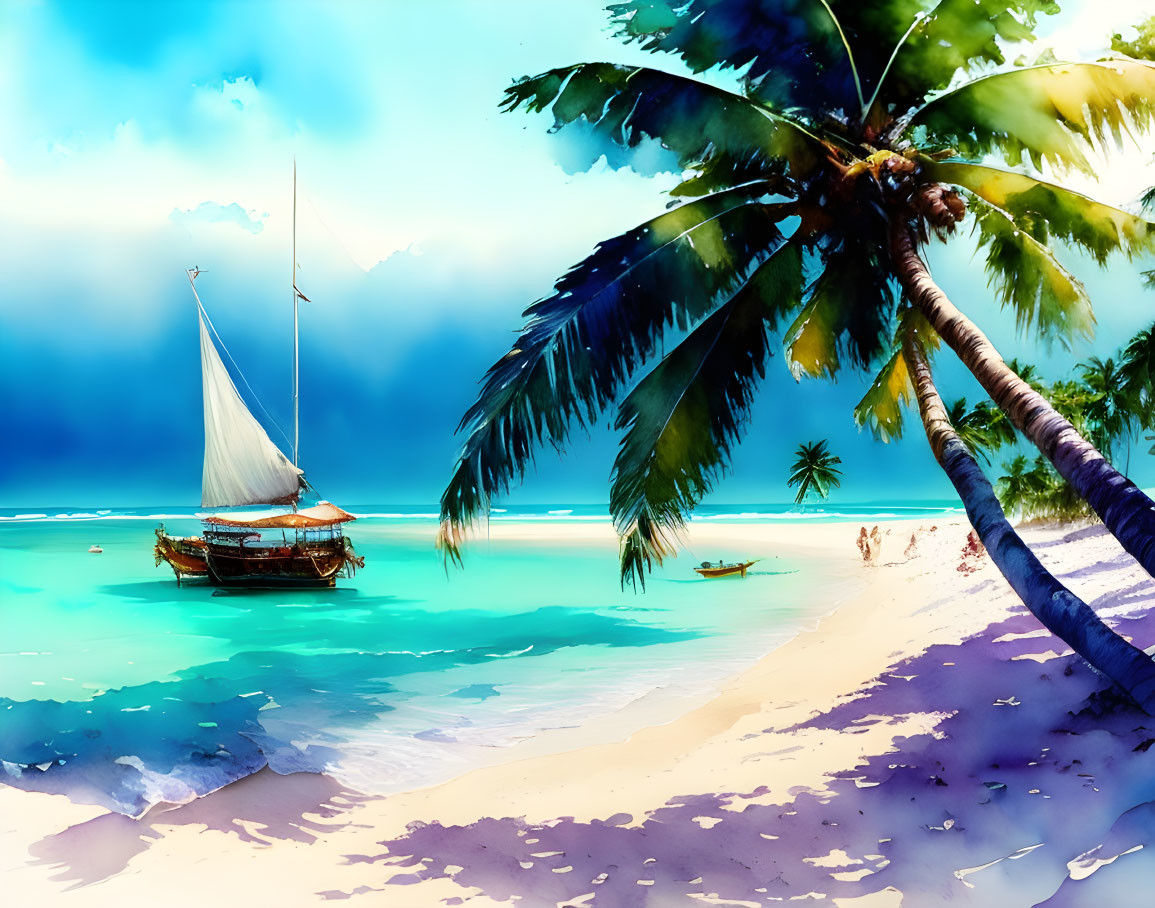 Tropical beach scene with palm tree, sailboat, turquoise waters, and blue sky