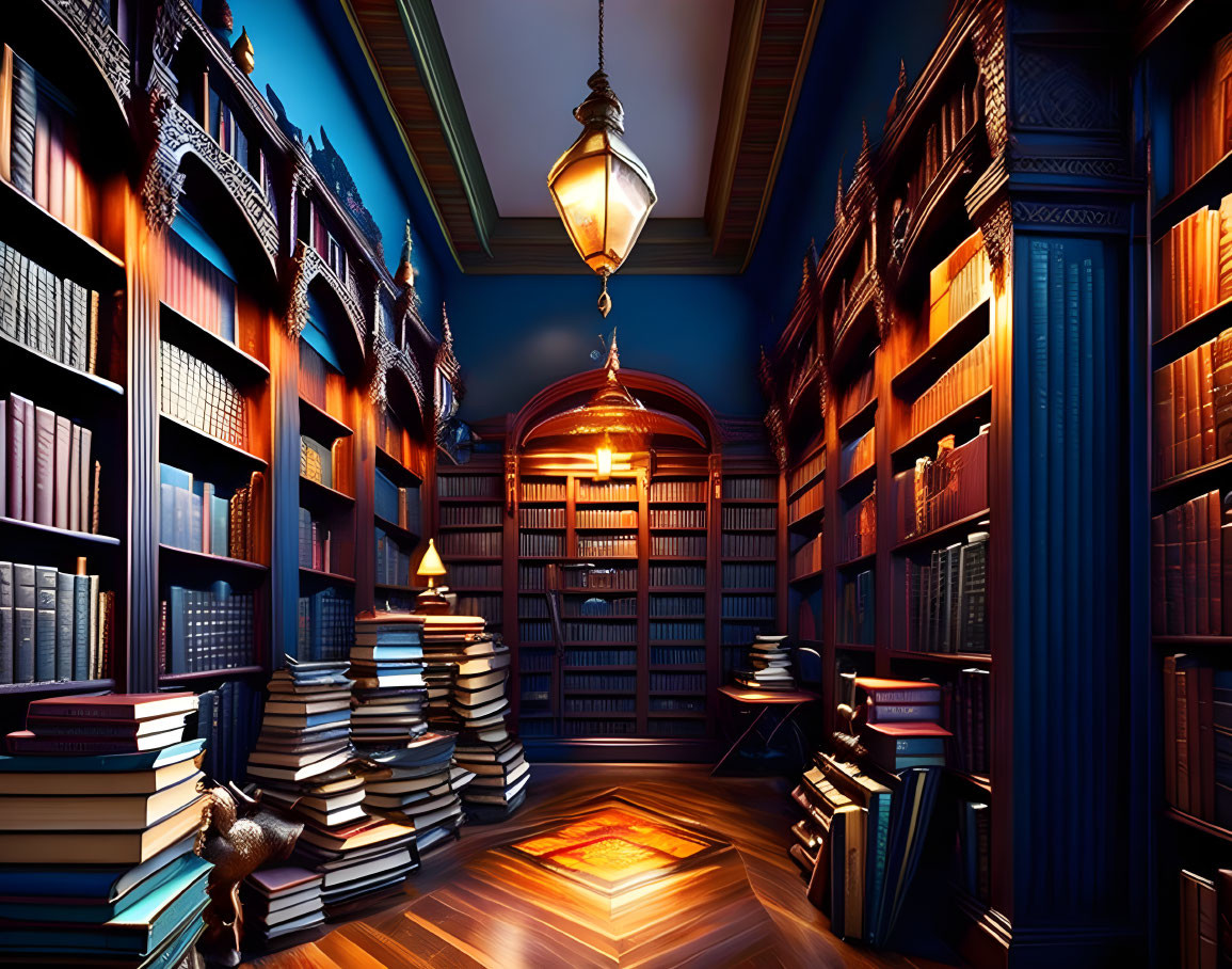 Dimly lit ornate library with towering bookshelves and lantern