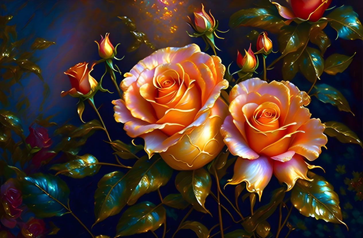 Golden roses with dewdrops in vibrant digital painting