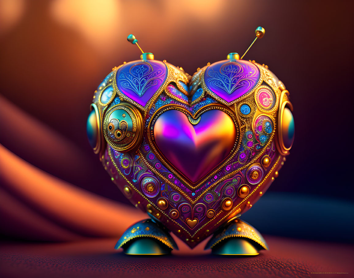 Colorful 3D mechanical heart illustration with intricate patterns and jewel-like textures