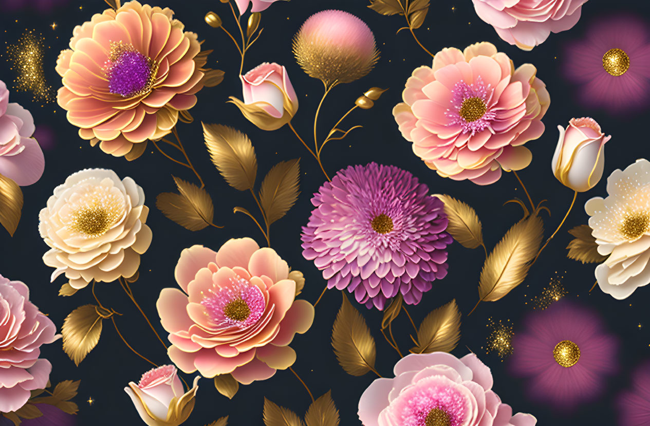 Elegant pink, gold, and white floral pattern on dark background